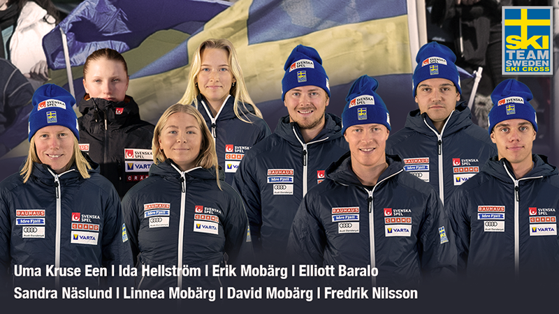 Skicrosslandslaget 2024-2025 med Uma Kruse Een, Sandra Näslund, Linnea Mobärg, Ida Hellström, Erik Mobärg, David Mobärg, Fredrik Nilsson och Elliott Baralo. 